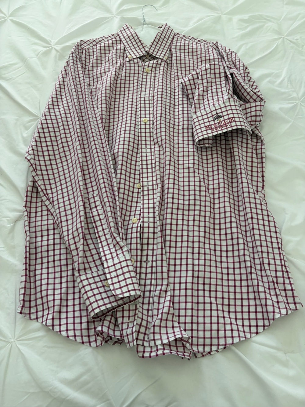 Men's Button-Down Dress Shirt White & Burgundy Check Bluejack National golf logo